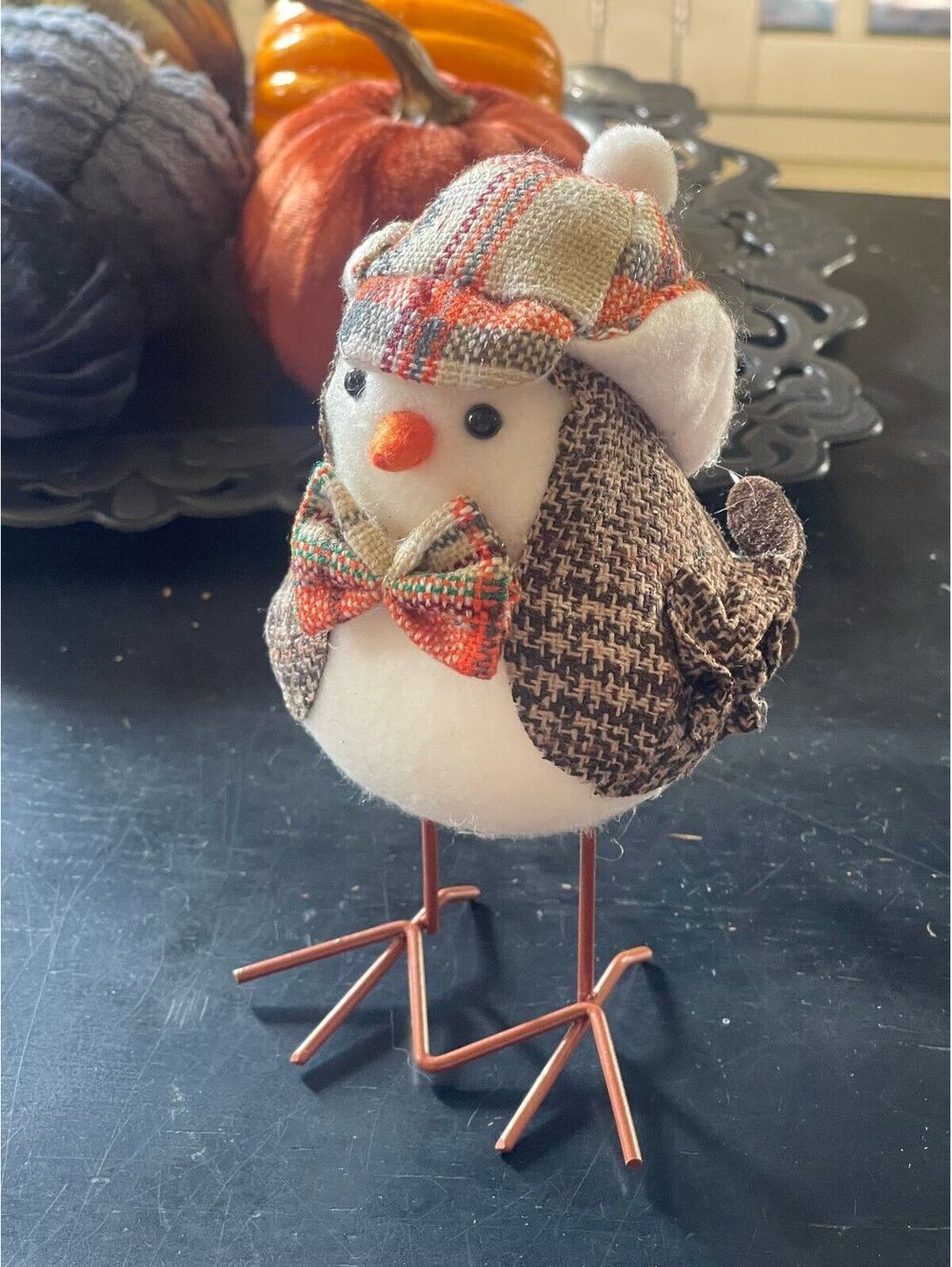 Decorative Fabric Bird Figurine with Plaid Hat and Bow Tie